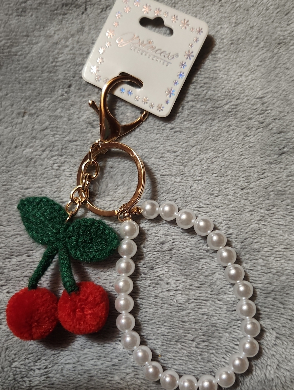Pearl Beaded Cherry Keychain Wristlet - Gold Hardware